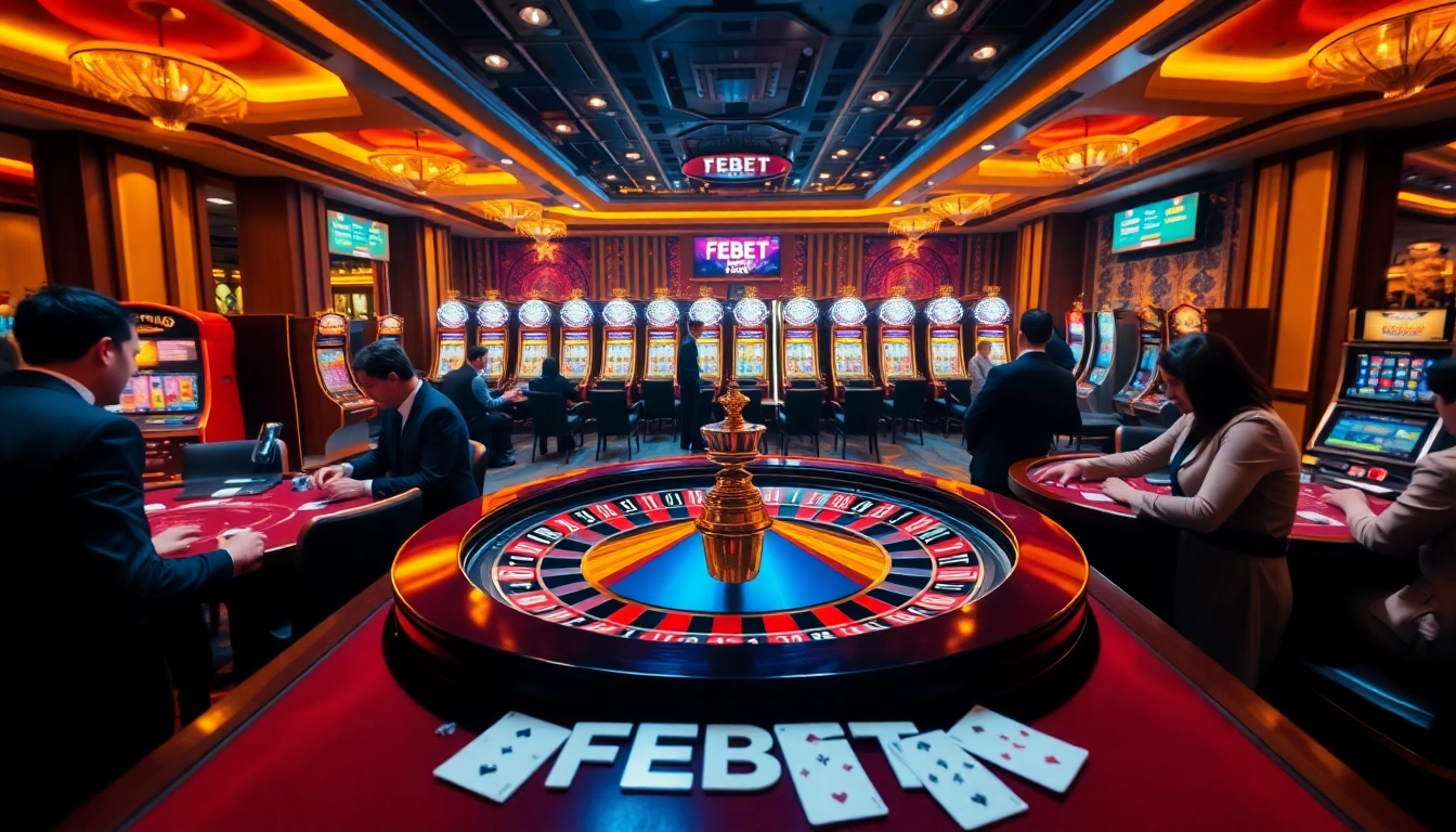 FEBET casino scene with roulette wheel and engaged players highlighting excitement and luxury.