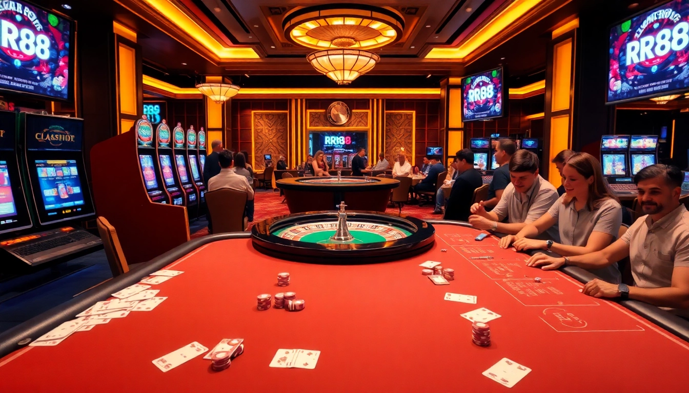 RR88's vibrant casino scene features players engaged in thrilling table games and slot machines.