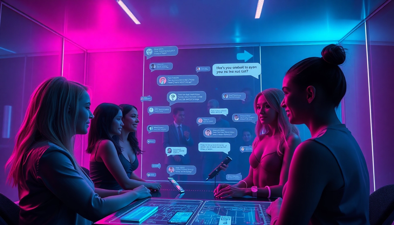 AI chat porn interactive experience showcasing diverse characters in a modern digital setting.