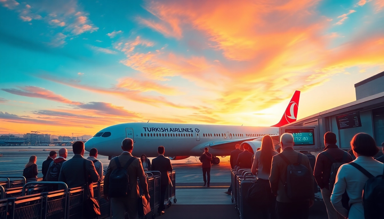 Passengers boarding Turkish Airlines flight TK88 at Istanbul Airport during a vibrant sunset.