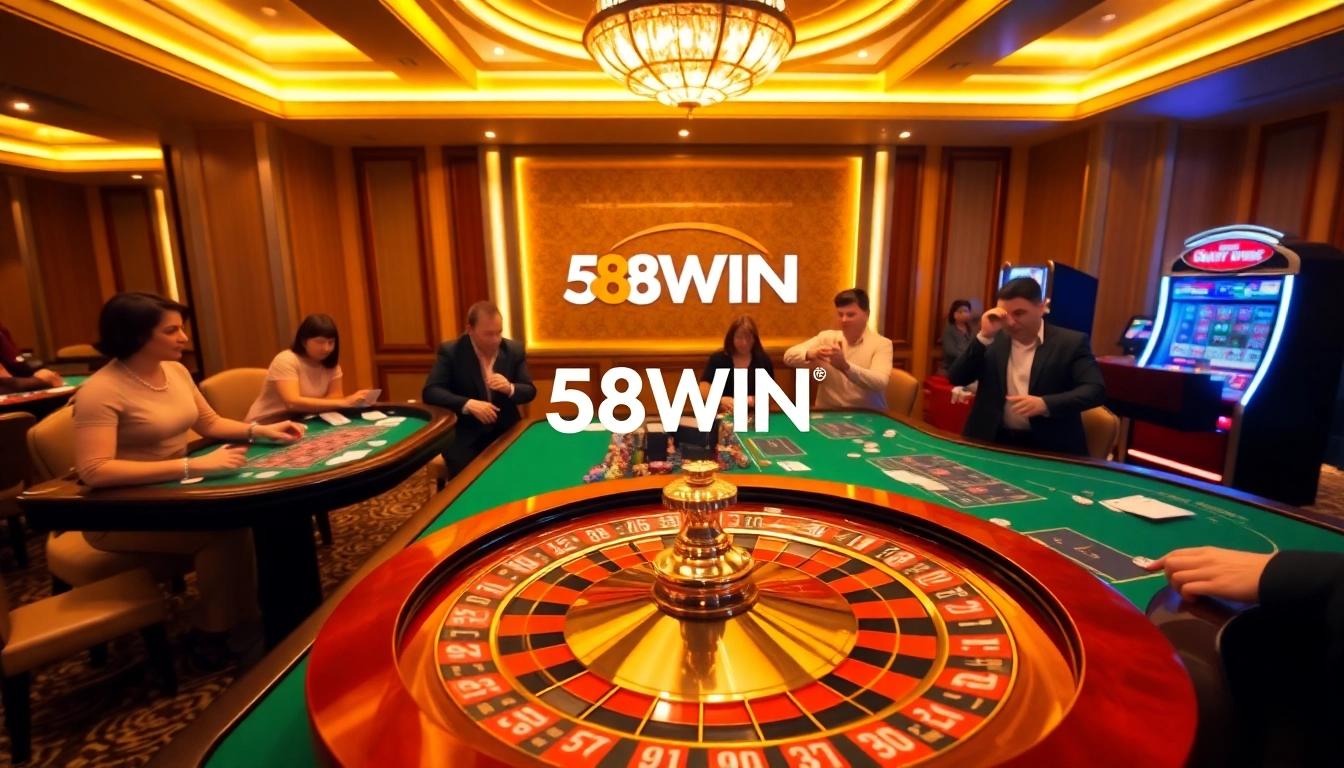 Experience thrilling casino action with 58WIN at luxurious tables featuring roulette, cards, and chips.