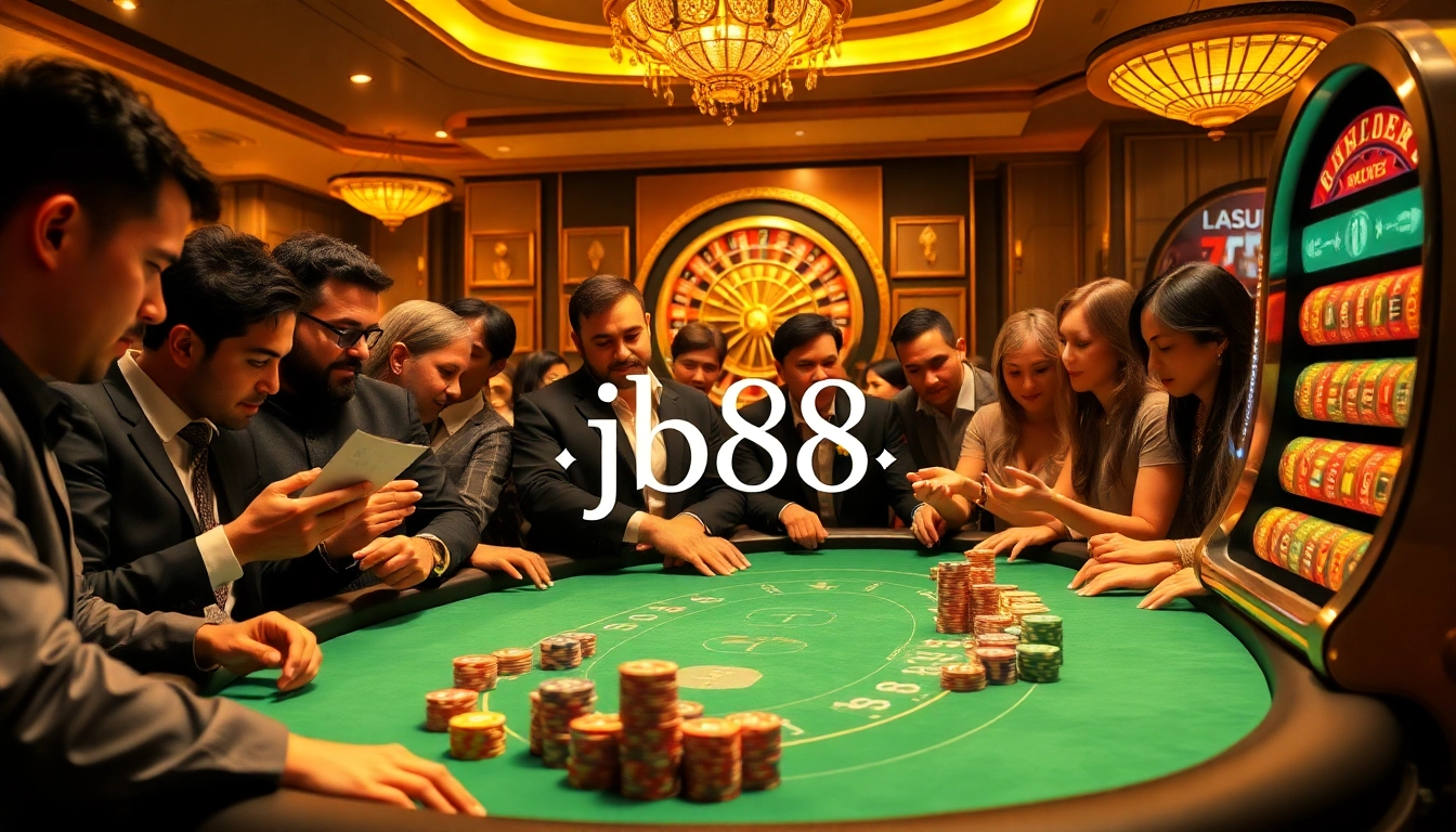 Players strategize at the j88 poker table in a luxurious casino setting.