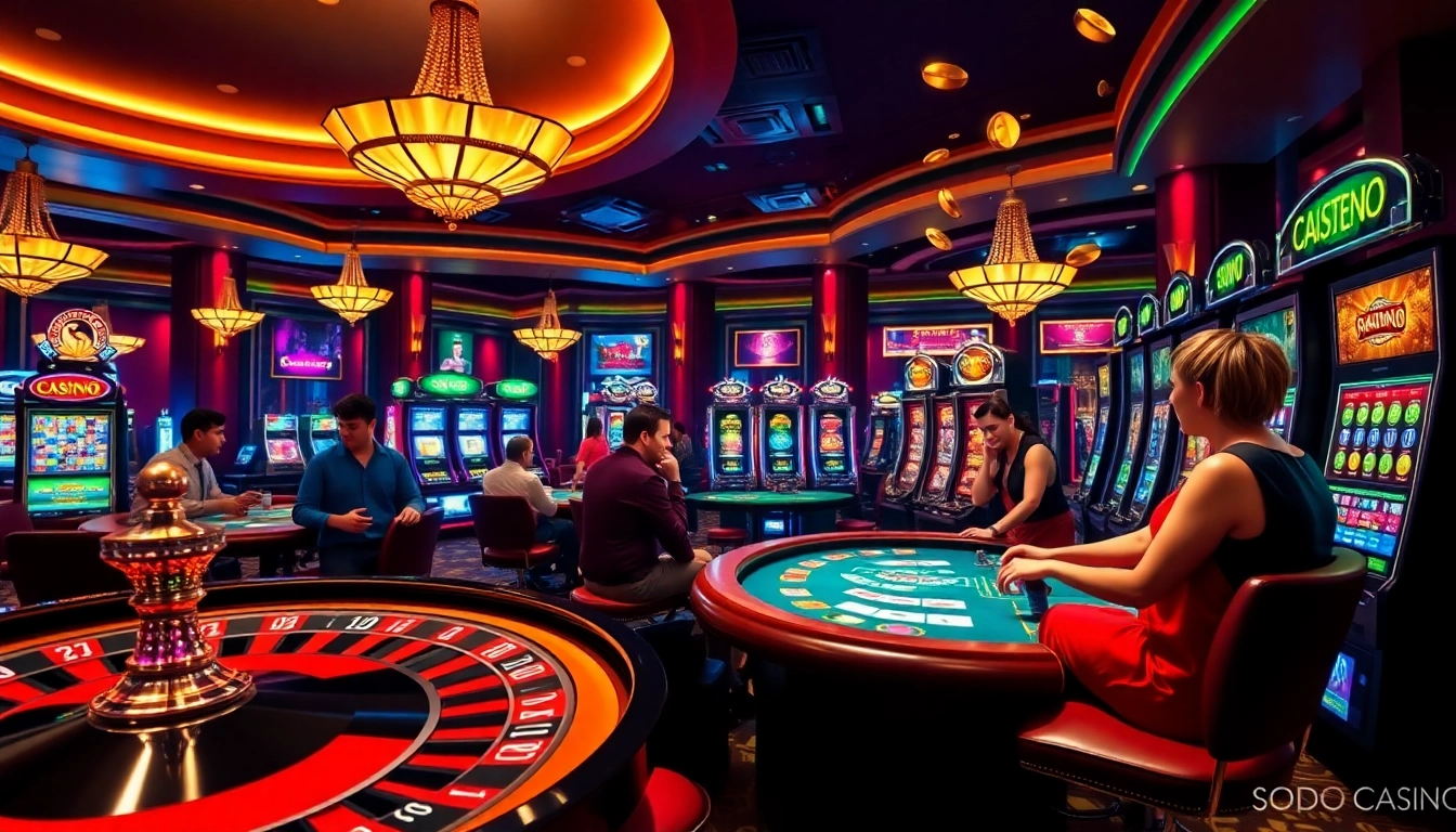 SODO CASINO tables with players enjoying games, vibrant chips, and slot machines creating an atmosphere of excitement.