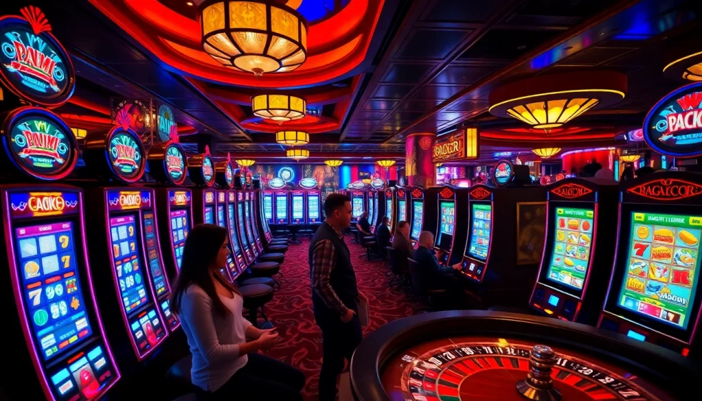 Excited gamblers enjoying slot gacor machines at a luxurious casino, surrounded by vibrant lights and atmosphere.