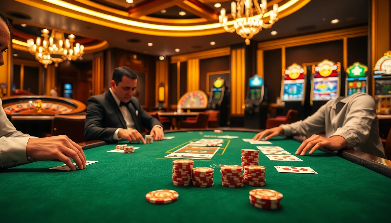 Players engaged at a ph365 poker table, showcasing luxury and anticipation in a vibrant casino atmosphere.