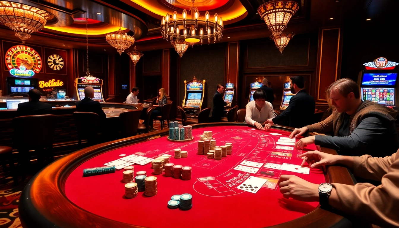 Experience the thrill of gambling at Rikvip with vibrant casino action involving cards and chips.