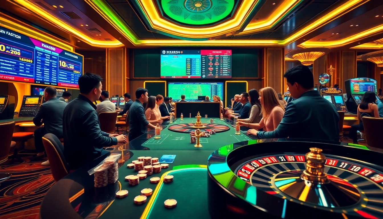 Dynamic sports betting interface highlighting keo nha cai amid a bustling casino scene.