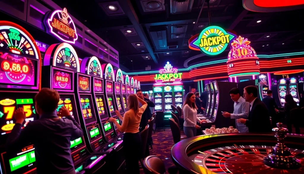 Witness the thrill of slot gacor gameplay with players immersed in a dazzling casino atmosphere.