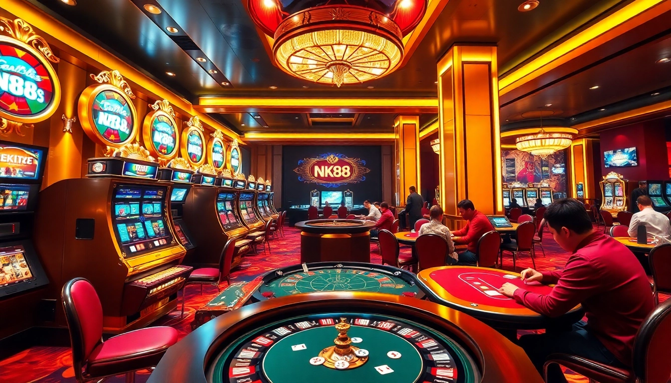 Exciting gambling atmosphere at NK88 casino with vibrant slot machines and poker tables.