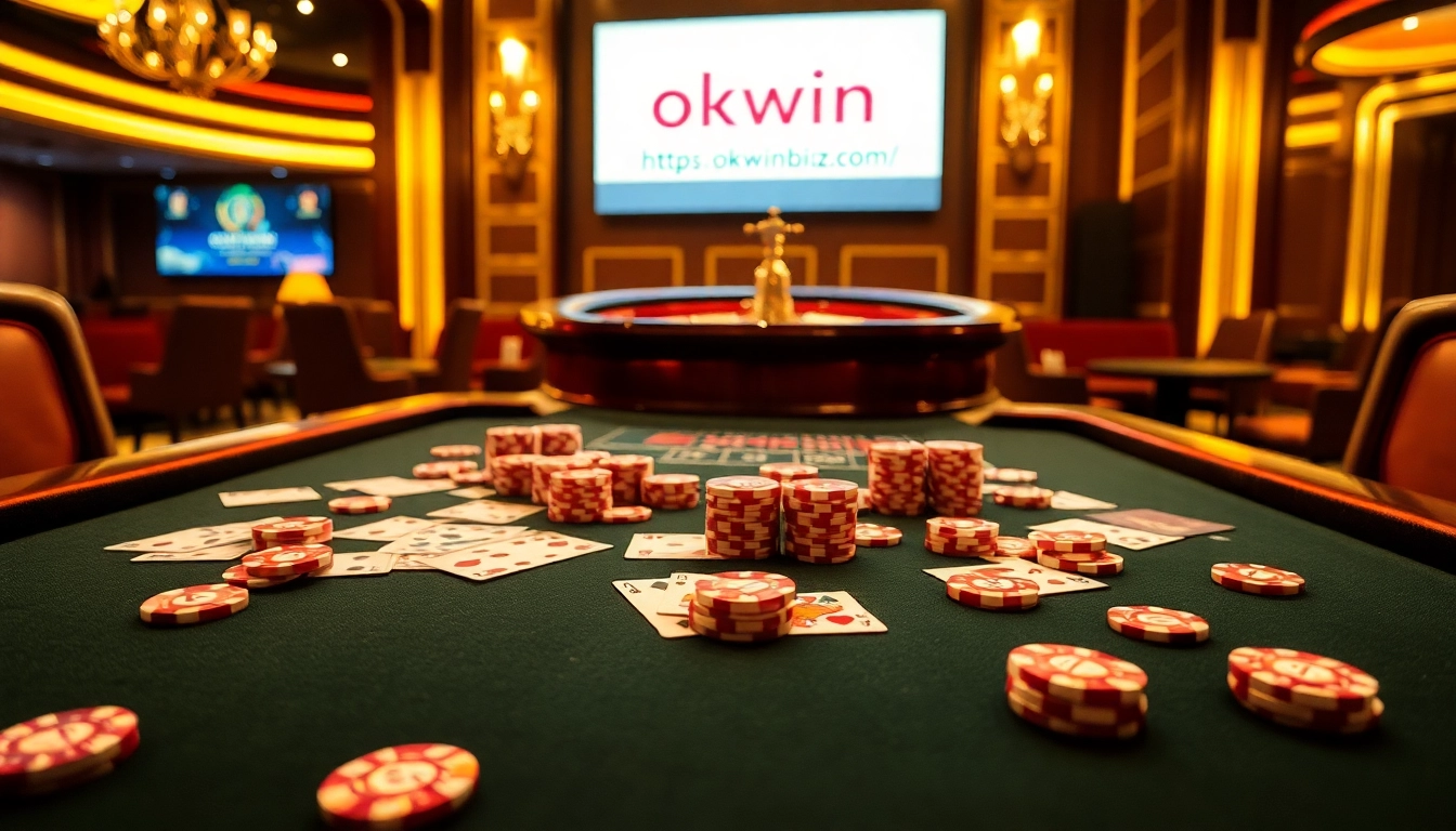 Dynamic poker scene featuring chips and cards, showcasing https://okwinbiz.com/ in a luxurious casino atmosphere.