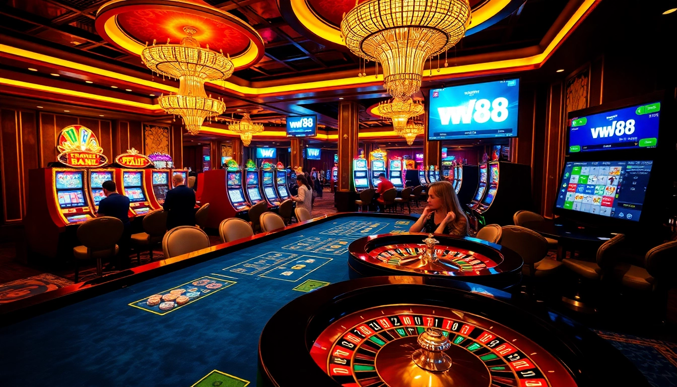 Engaged players enjoying casino games at ww88 with vibrant roulette and slot machines.