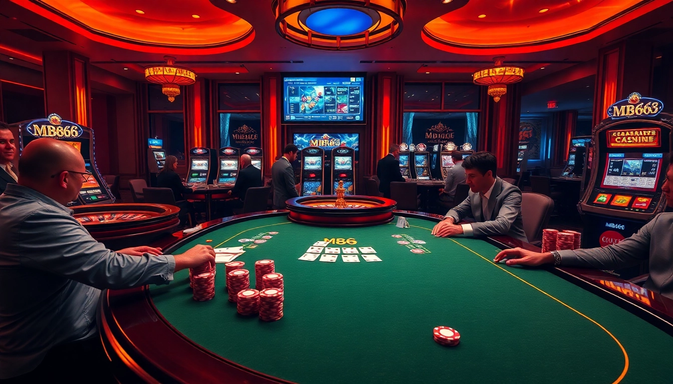 Experience the thrill of MB66 Casino with luxury poker tables and vibrant slot machines.