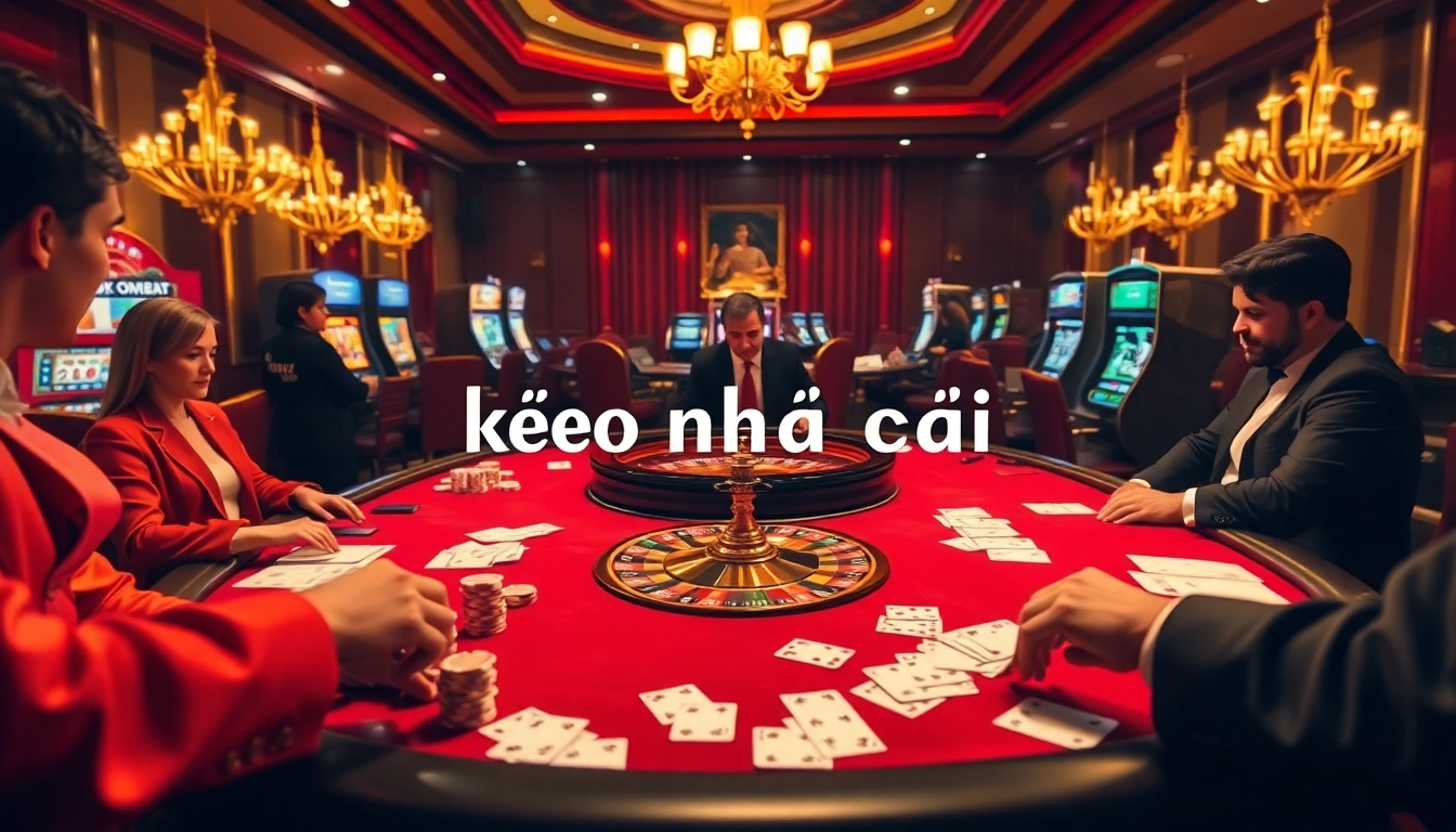 Excitement at the casino with players engaged in kèo nhà cái poker, chips, and roulette.