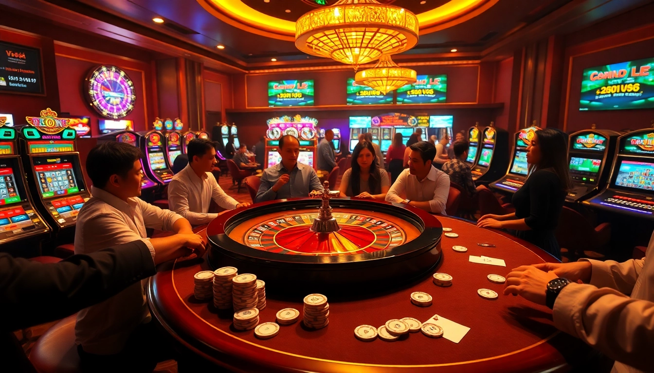 Engaging casino atmosphere showcasing hướng dẫn xn88 with roulette, cards, and vibrant lighting.