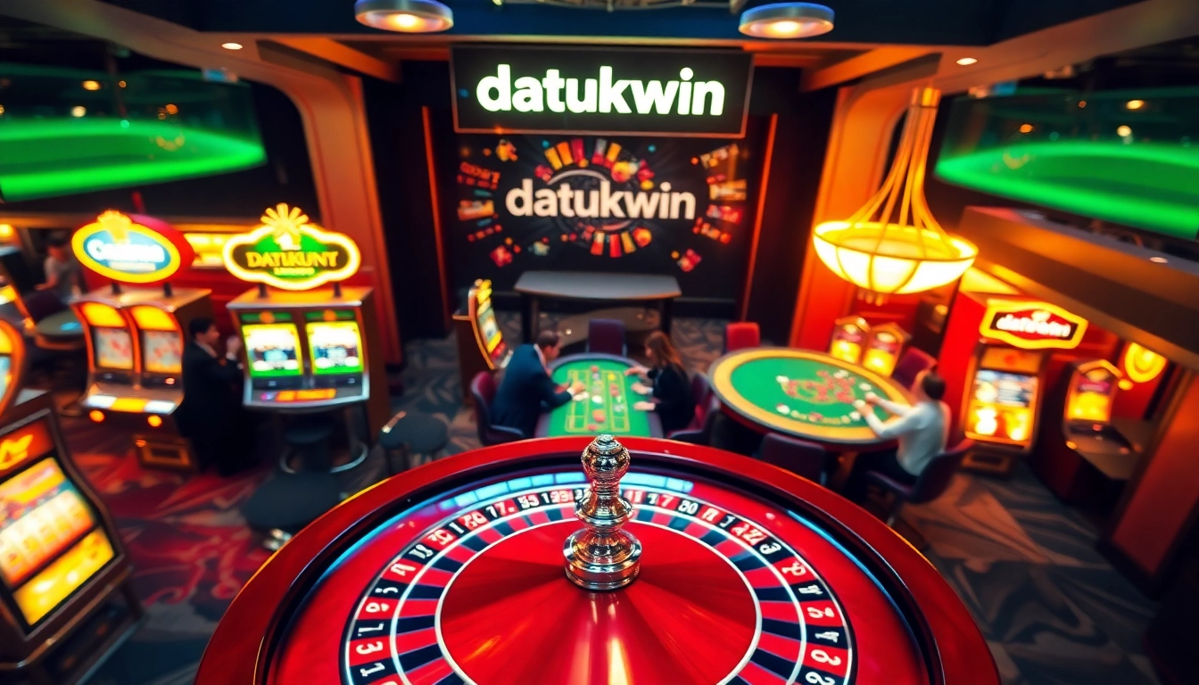 Rasakan Datukwin dalam adegan kasino yang hidup menampilkan poker, rolet, dan mesin slot yang berwarna-warni.