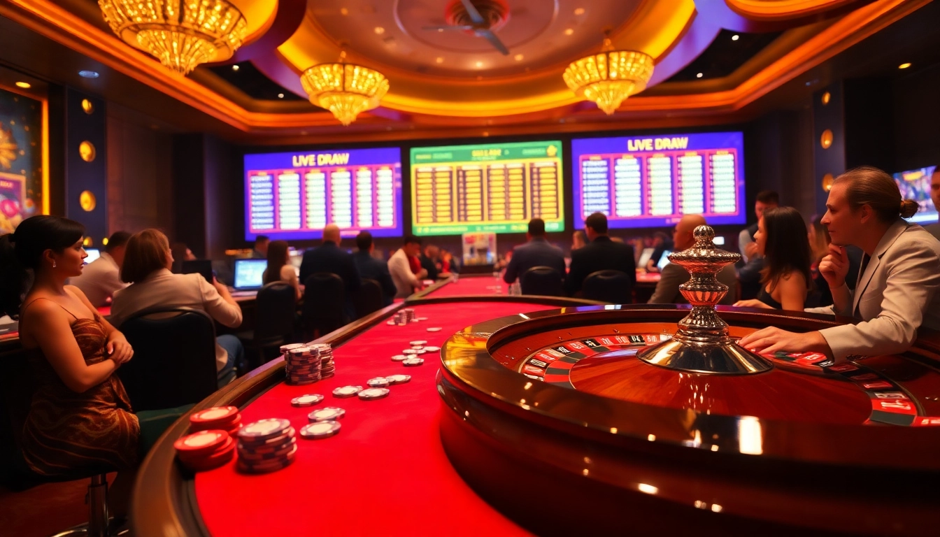 Live draw sdy event showcasing excitement with casino tables and engaged players.