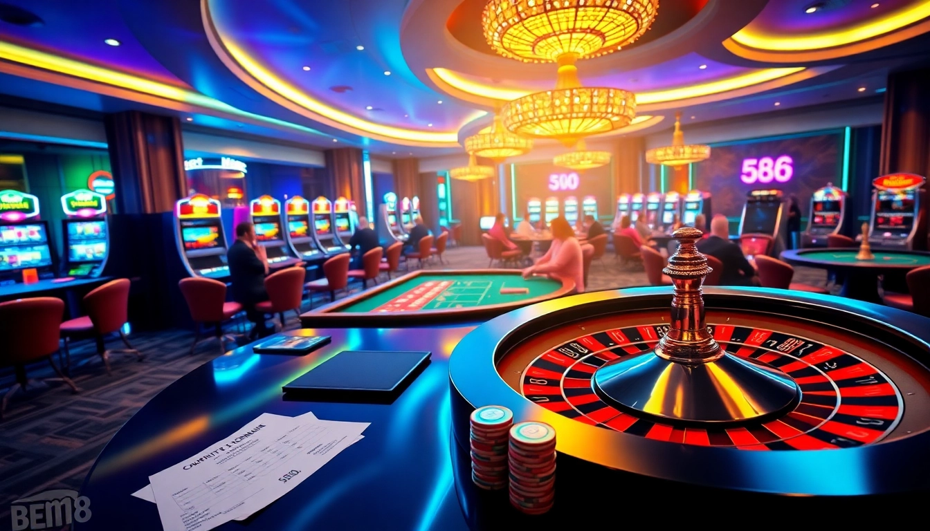 High-stakes players enjoying BEM88 casino games at vibrant roulette and poker tables.