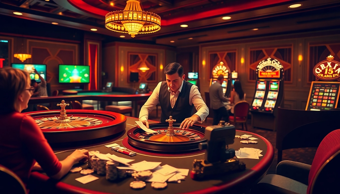 Engaging scene showcasing hướng dẫn xn88 content with a luxurious online casino atmosphere and various gambling games.