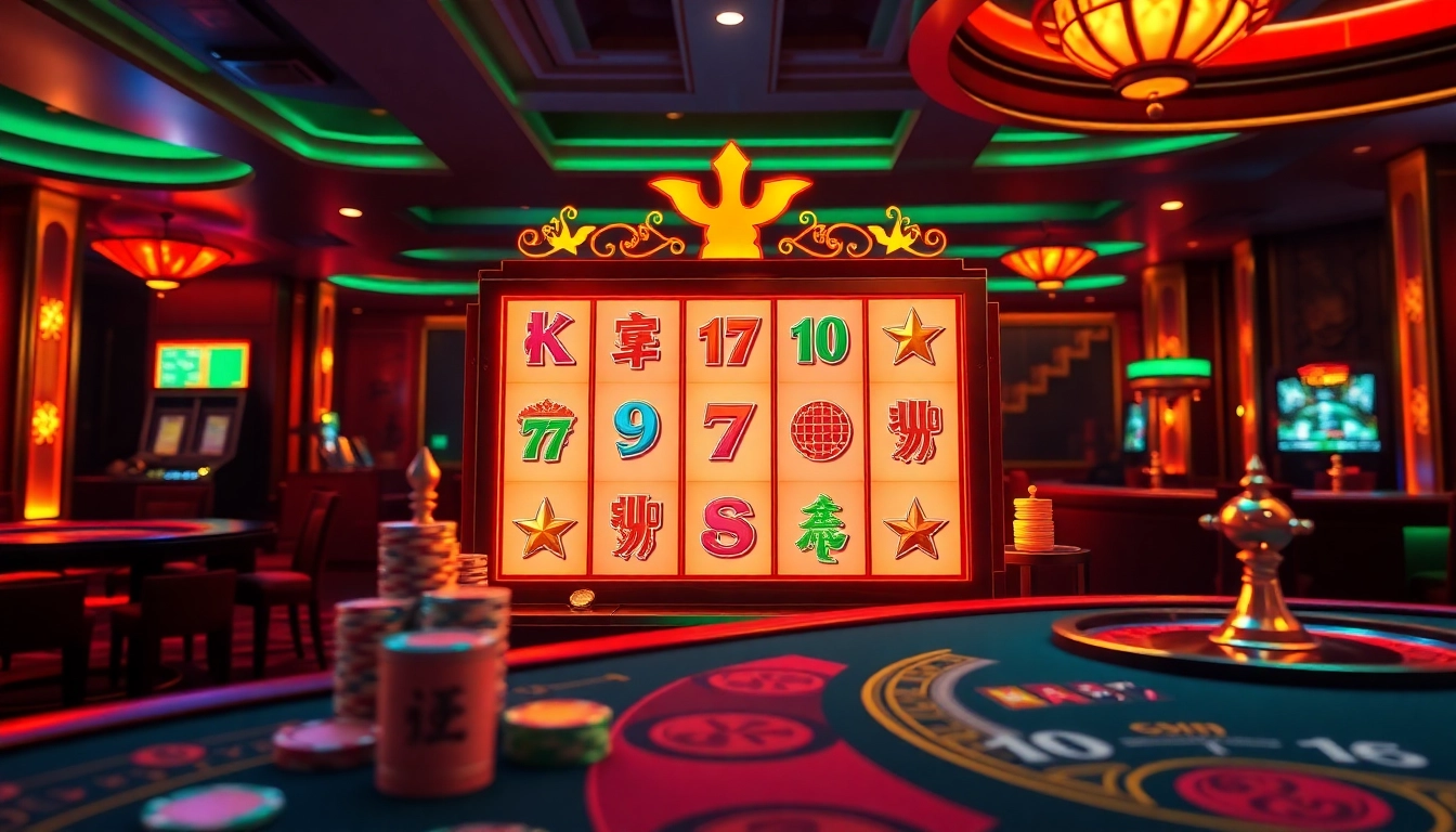 Adegan menarik dari mesin slot Mahjong yang mengundang pemain untuk meraih kemenangan besar dengan simbol-simbol berwarna-warni dan elemen kasino mewah.