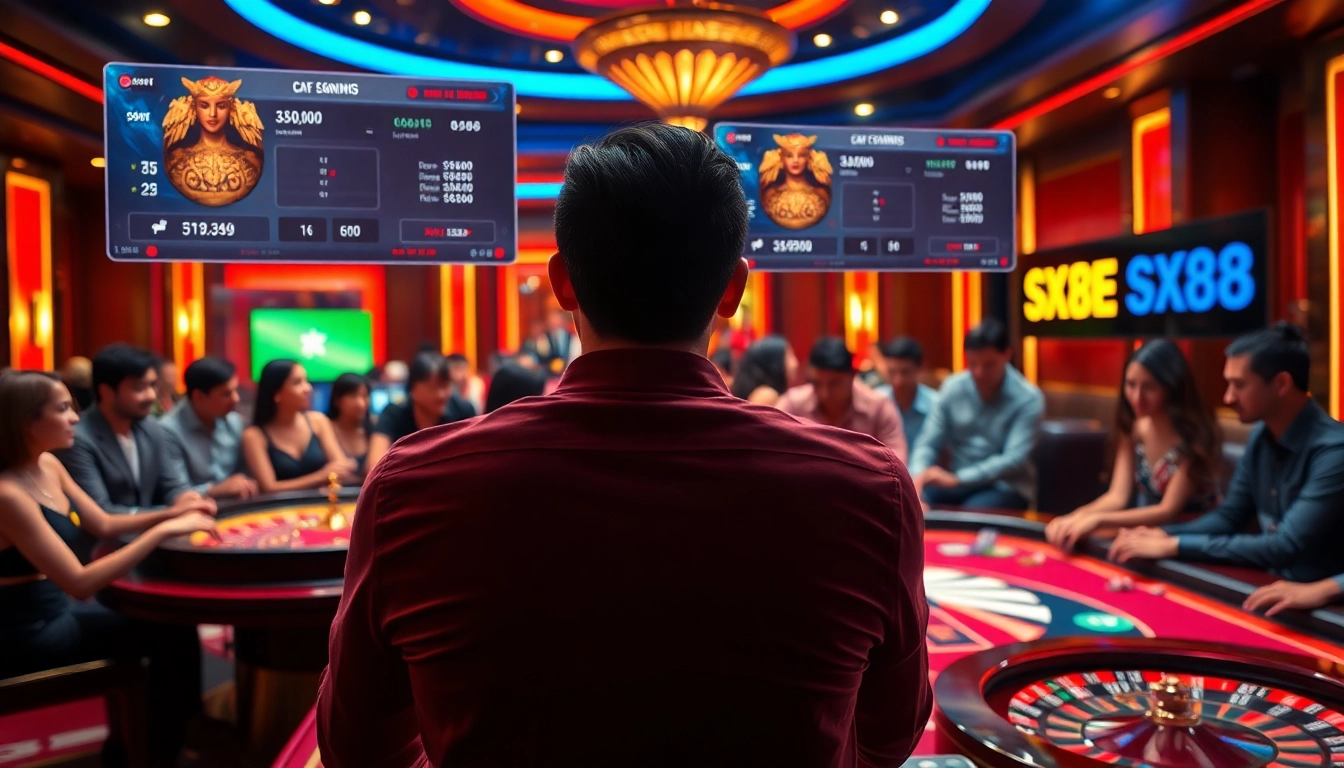 Engaging players at sx88 casino table, showcasing colorful chips and cards in a luxurious setting.