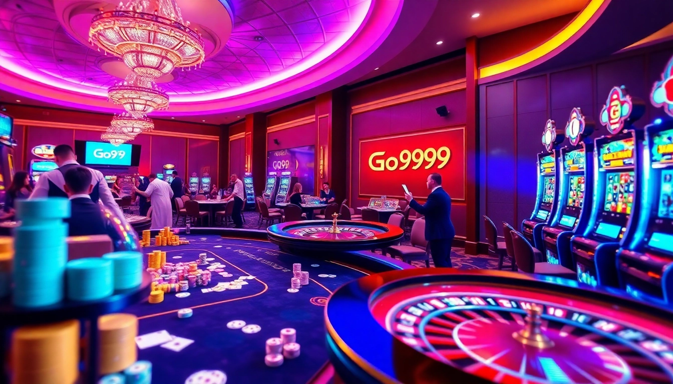 Exciting Go99 casino scene featuring vibrant tables, spinning roulette, and engaged players winning.