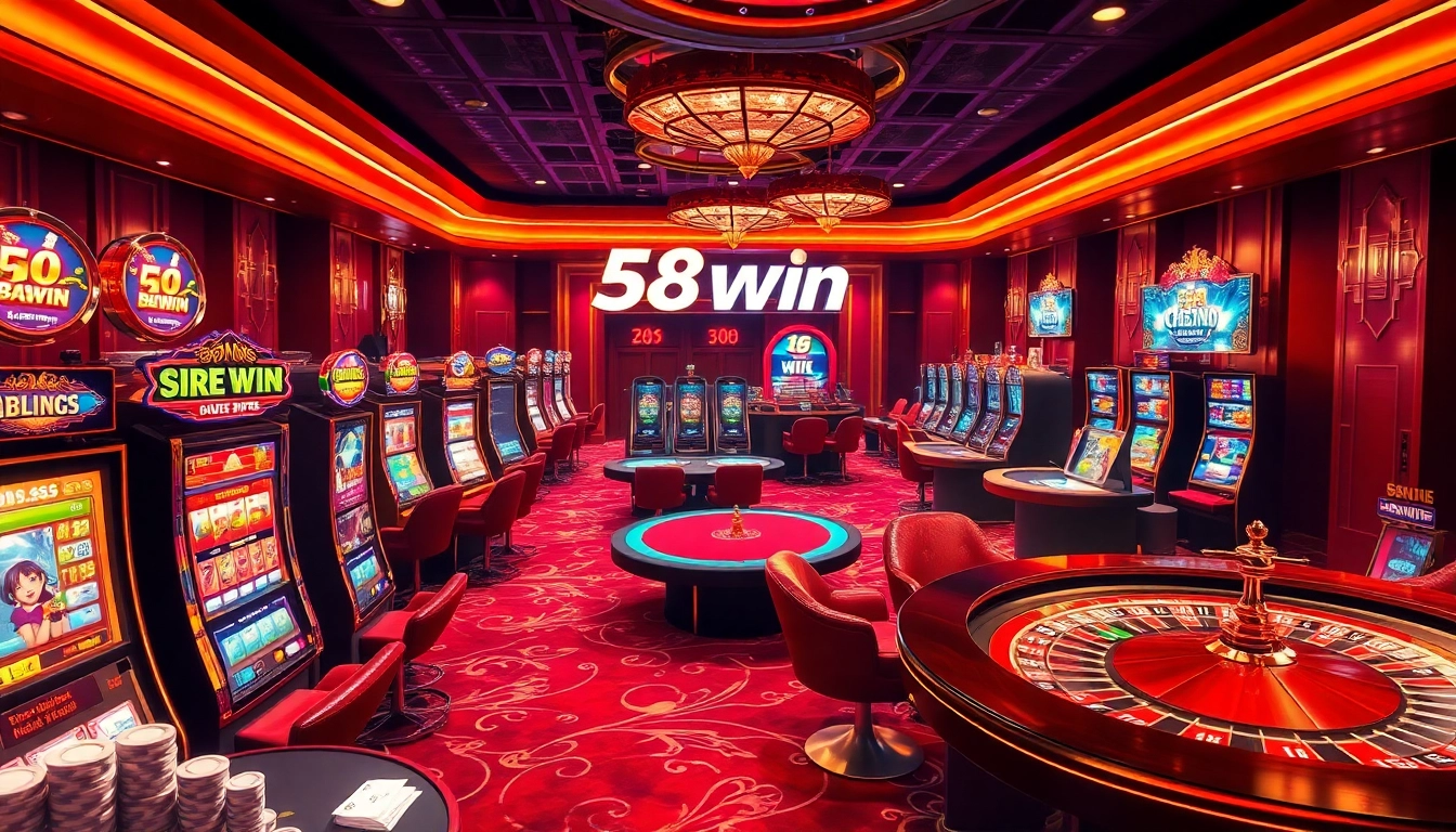 Engaging casino scene at 58win with roulette, poker tables, and vibrant slot machines.
