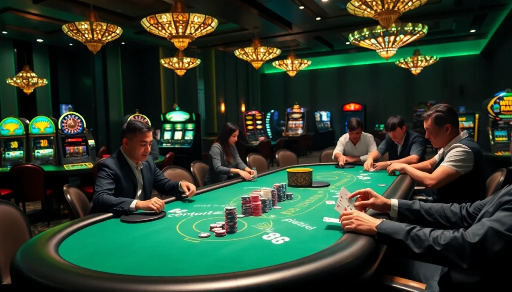 Players at a high-stakes poker game with mint88-themed elements creating an exciting casino atmosphere.