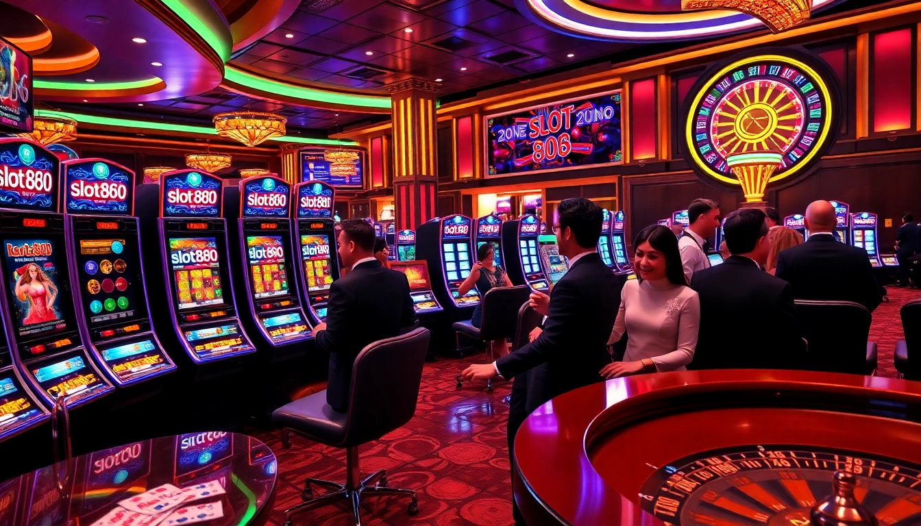 Players enjoying a thrilling experience at slot888, engaging with vibrant slot machines and casino atmosphere.
