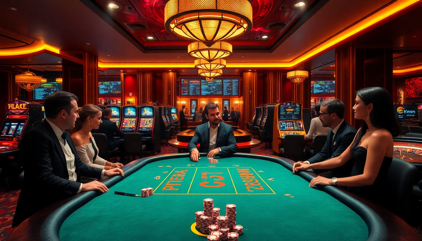 Kkwin casino players enjoying an exciting poker game surrounded by vibrant slot machines and luxurious décor.