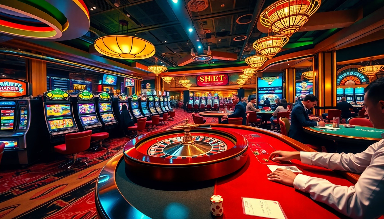 SHBET casino scene with vibrant tables, roulette wheel, and players engaged in gaming.