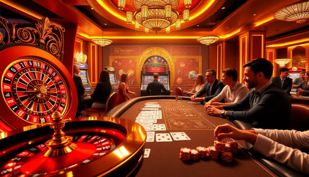 Exciting casino atmosphere featuring online gambling elements from https://j88.gives/ with vibrant slot machines, roulette, and poker.