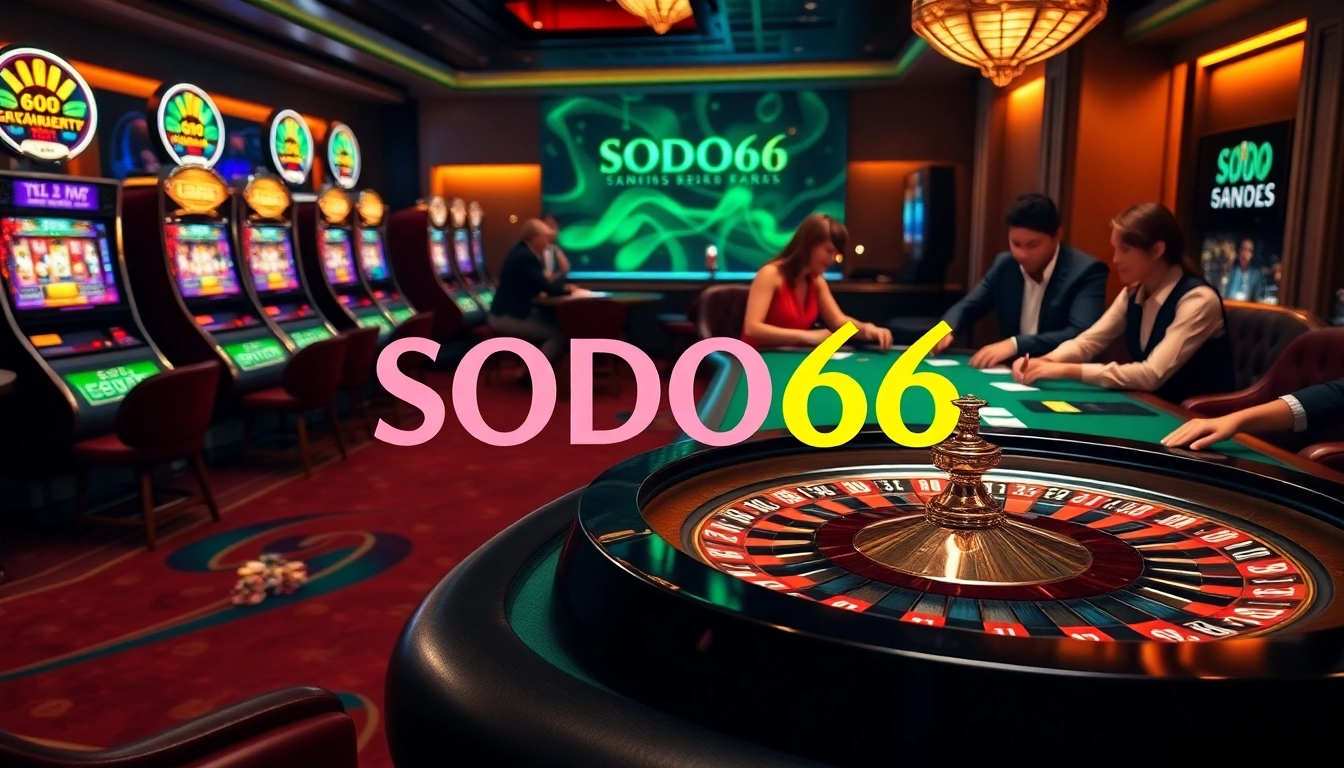 SODO66 gaming scene with casino table, players engaged in betting, and vibrant slot machines.