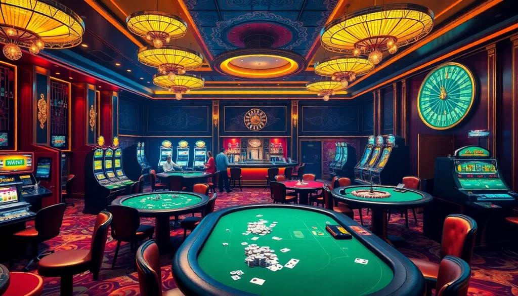 Players enjoying games at Trang chủ 33win, showcasing exciting casino tables and vibrant slot machines.