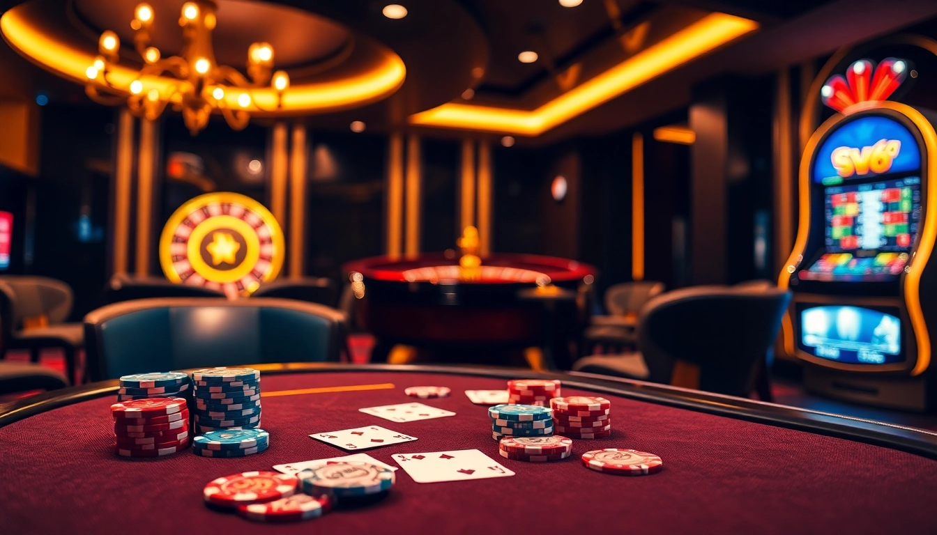 Experience thrilling gaming action at SV66 with poker chips and a roulette wheel in a vibrant casino setting.