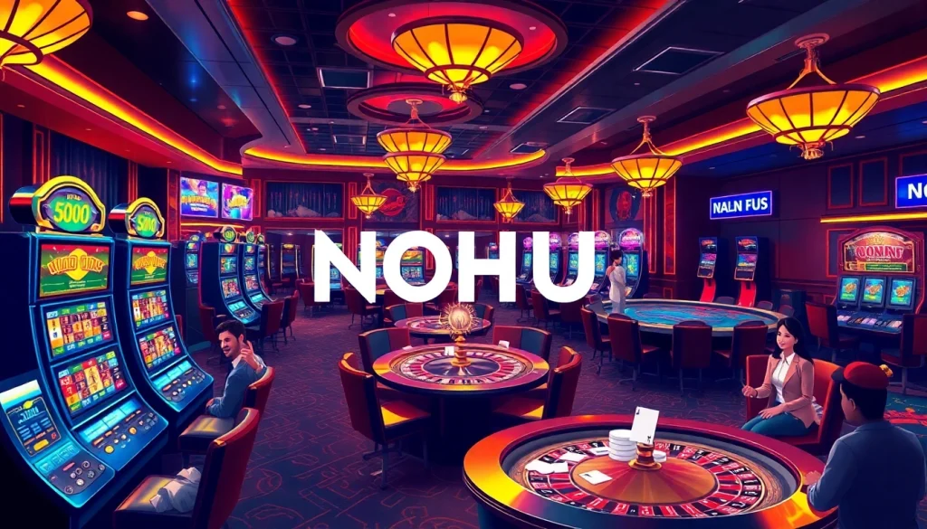 NOHU gaming experience evokes luxury with vibrant slot machines and lively players engaging in action.