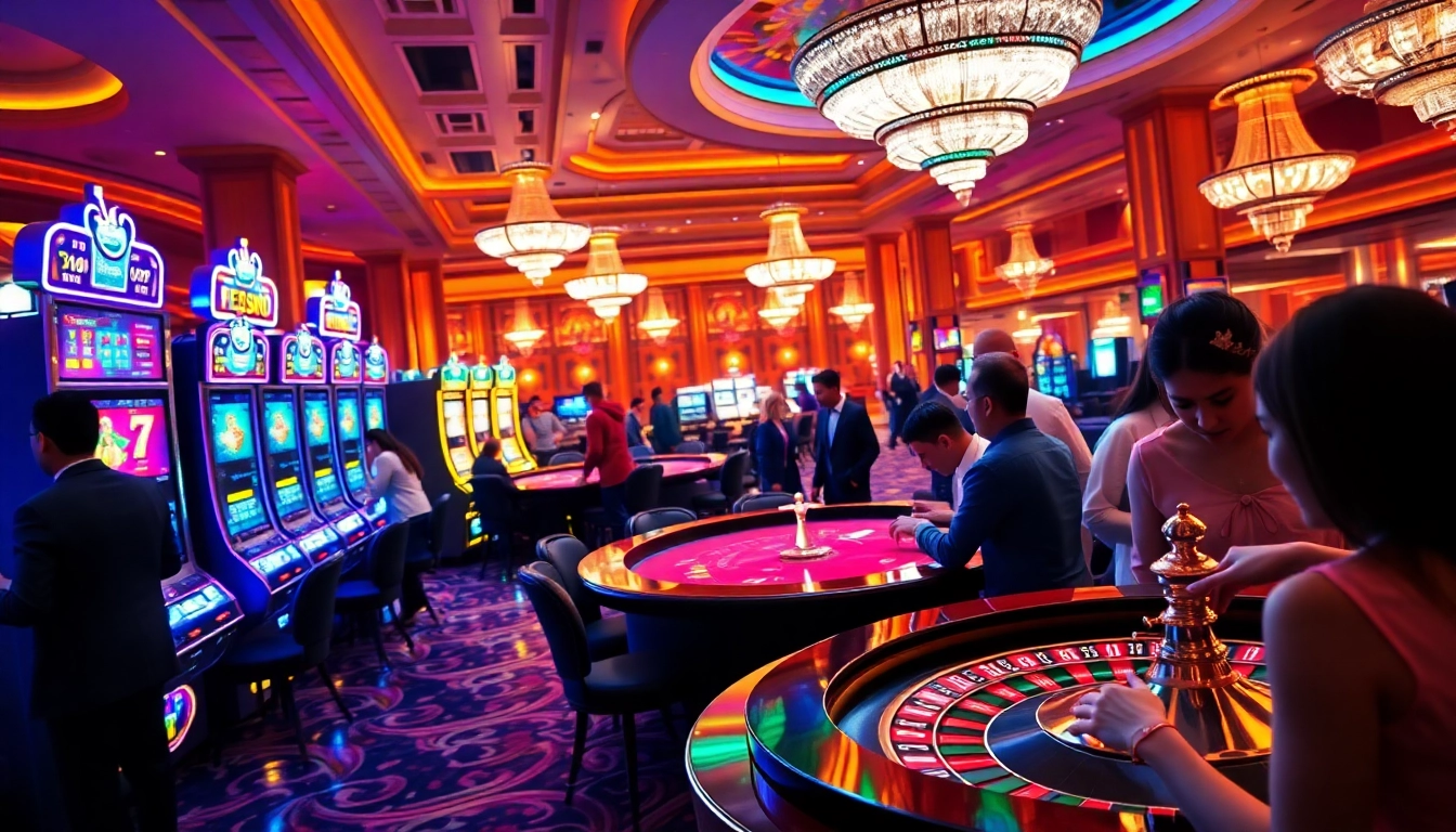 Players enjoying thrilling games at EE88's luxurious casino with vibrant slot machines and tables.