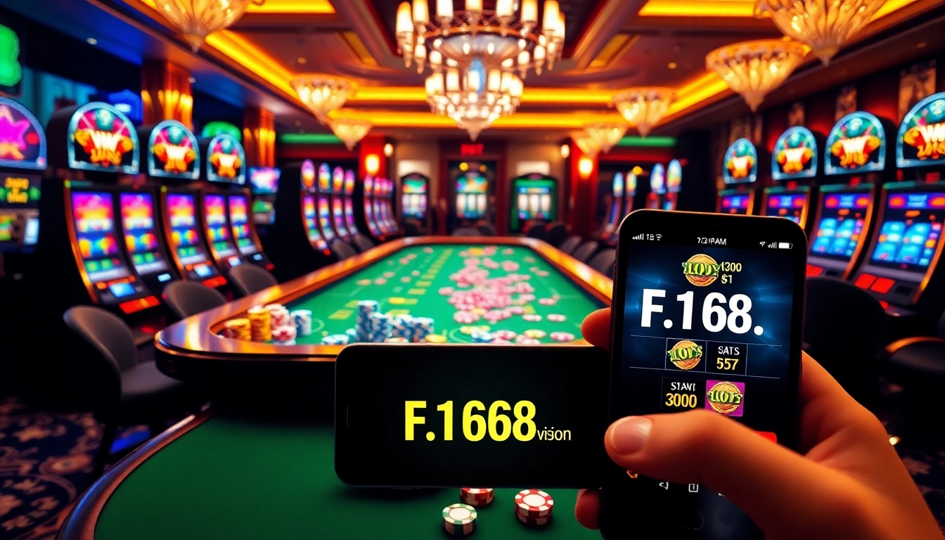 Experience the thrill of winning at https://f168.vision/ with a vibrant casino scene featuring poker chips and slot machines.
