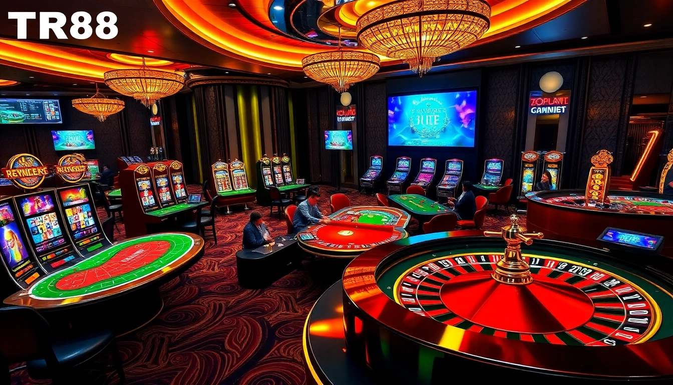 Players enjoying immersive experiences at https://tr88.work/ with vibrant casino tables and slot machines