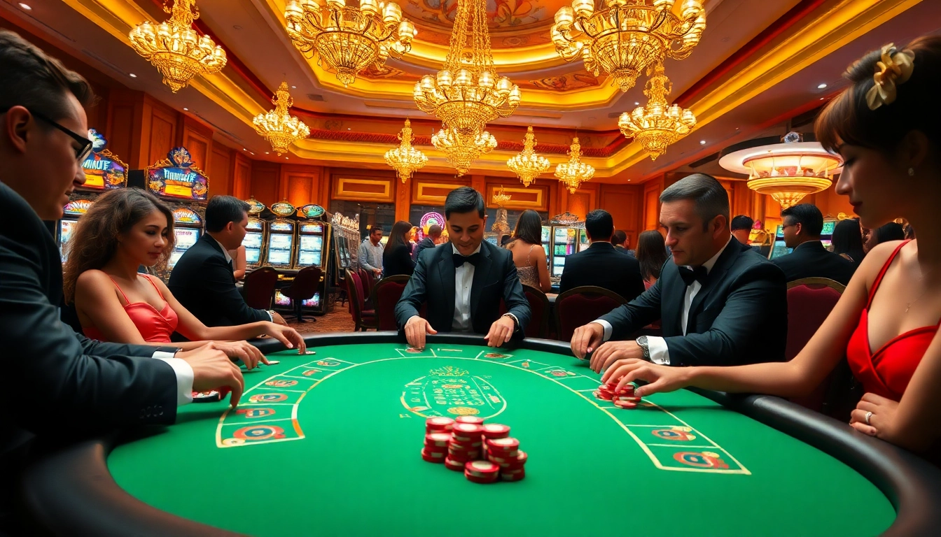 Casino poker table with players engaged in an intense game amidst a luxurious setting.