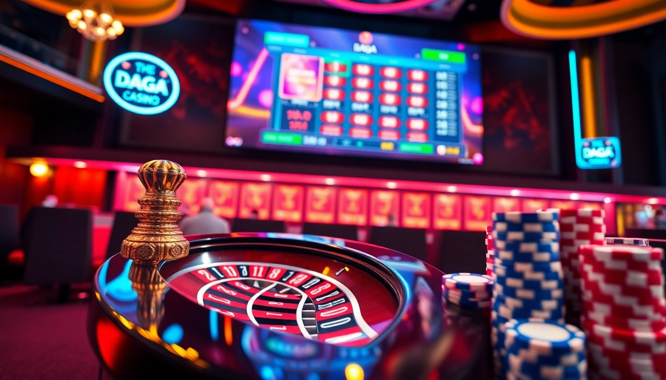 Dazzling casino scene featuring roulette and poker chips, illustrating the excitement of daga strategies.
