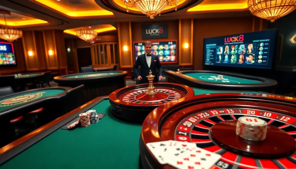 LUCK8 casino featuring lively roulette table, vibrant poker chips, and professional players enjoying the game.