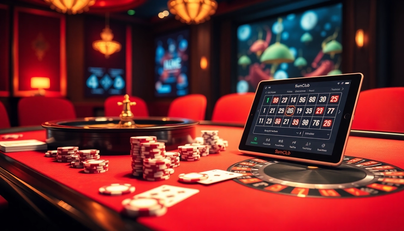 Experience thrilling gameplay at SumClub featuring poker chips and a classic roulette wheel.
