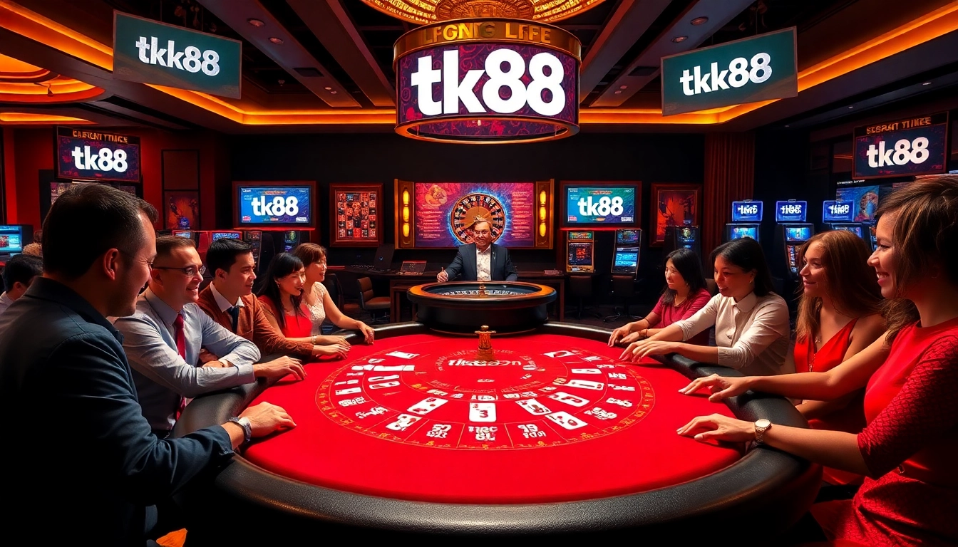 Players enjoying an exciting baccarat game at tk88 casino table surrounded by vibrant gaming elements.
