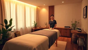 Relaxed atmosphere featuring a professional massage room showcasing Dongtan출장마사지 services with a young therapist.