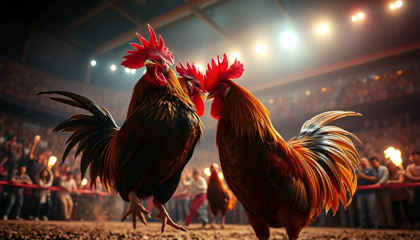 Intense action at sabong 67 cockfighting arena with roaring crowd.