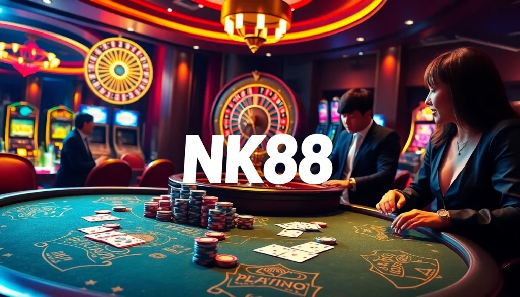 NK88 poker table surrounded by colorful chips and players in a vibrant casino setting.
