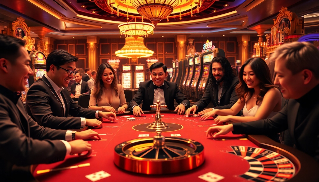 A lively casino scene at an 88bet table, featuring excited players and vibrant slot machines.