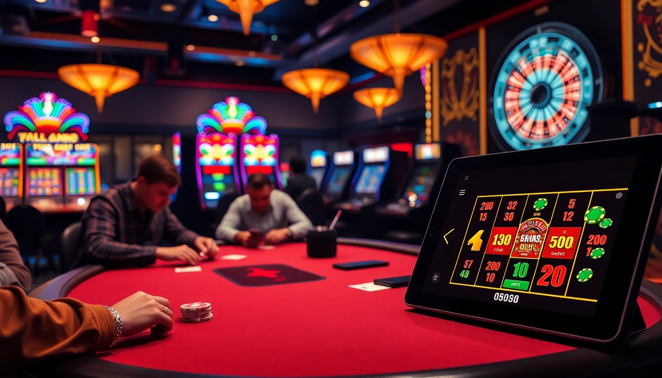 Intense poker players strategize at a pen4d casino table amidst vibrant slot machines.