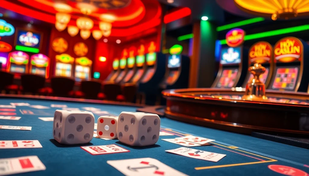 Tài Xỉu MD5 gaming table with dice and betting slips radiating an exciting casino atmosphere.