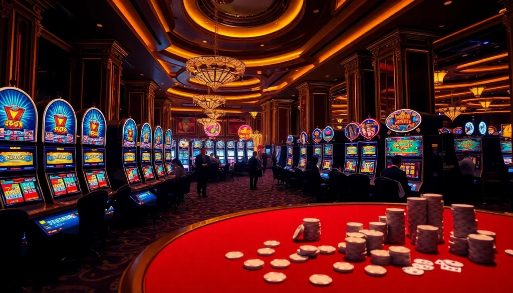 Players enjoying thrilling slot machine games at a glamorous casino, creating an exciting gambling atmosphere.